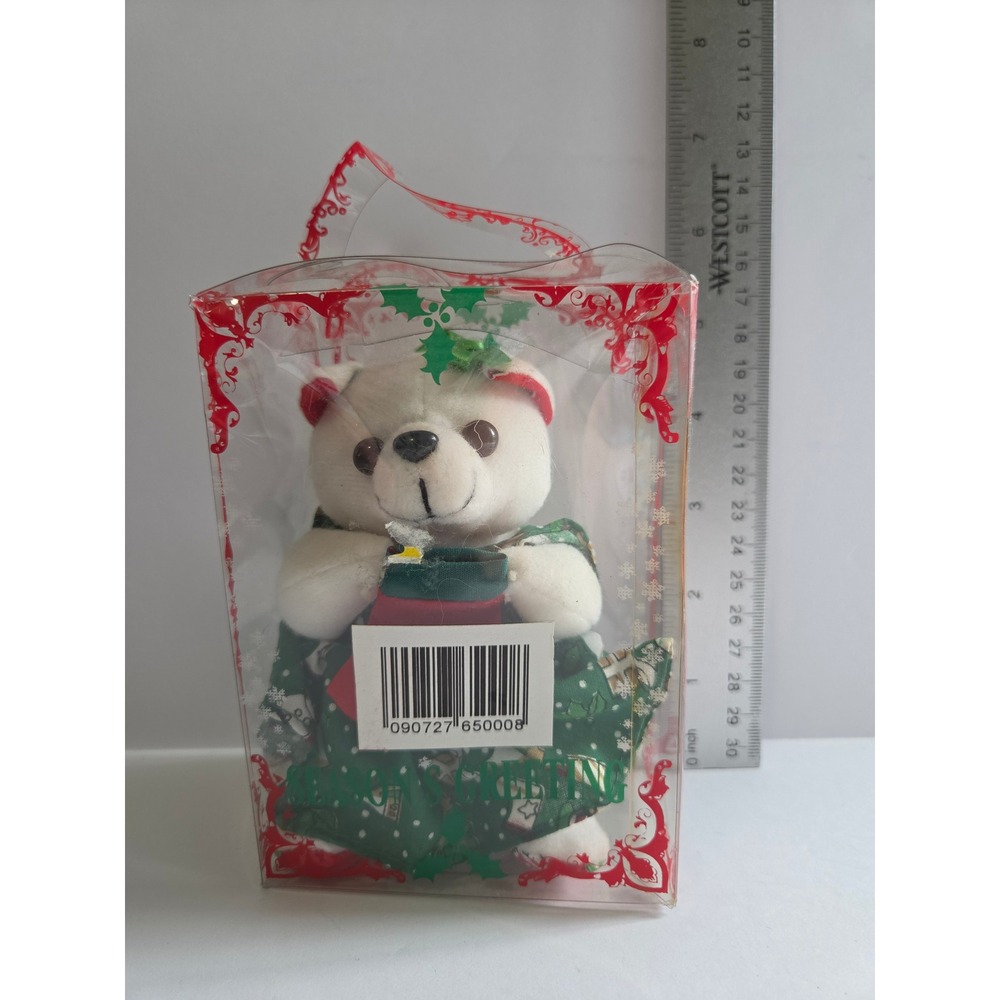 Vintage Kids of America Corp White Teddy Bear Plush Holiday Green Dress 5"